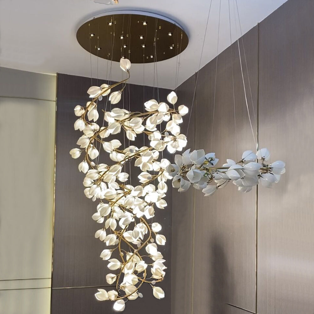 Pure White Magnolia Chandelier with Golden Branches for Grand Spaces