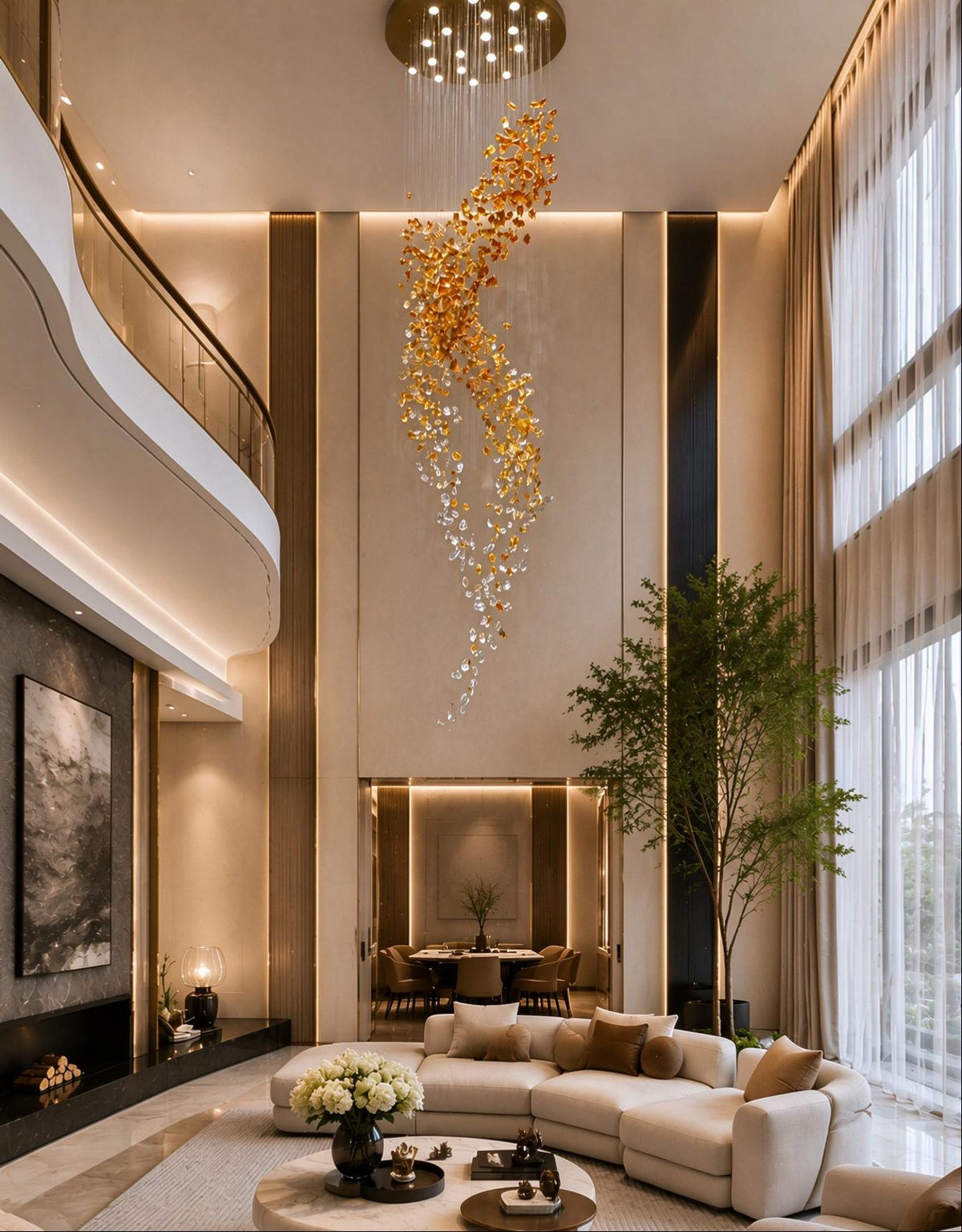 Modern Cascading Spiral Orange Glazed Glass Stone Chandelier for High Ceiling