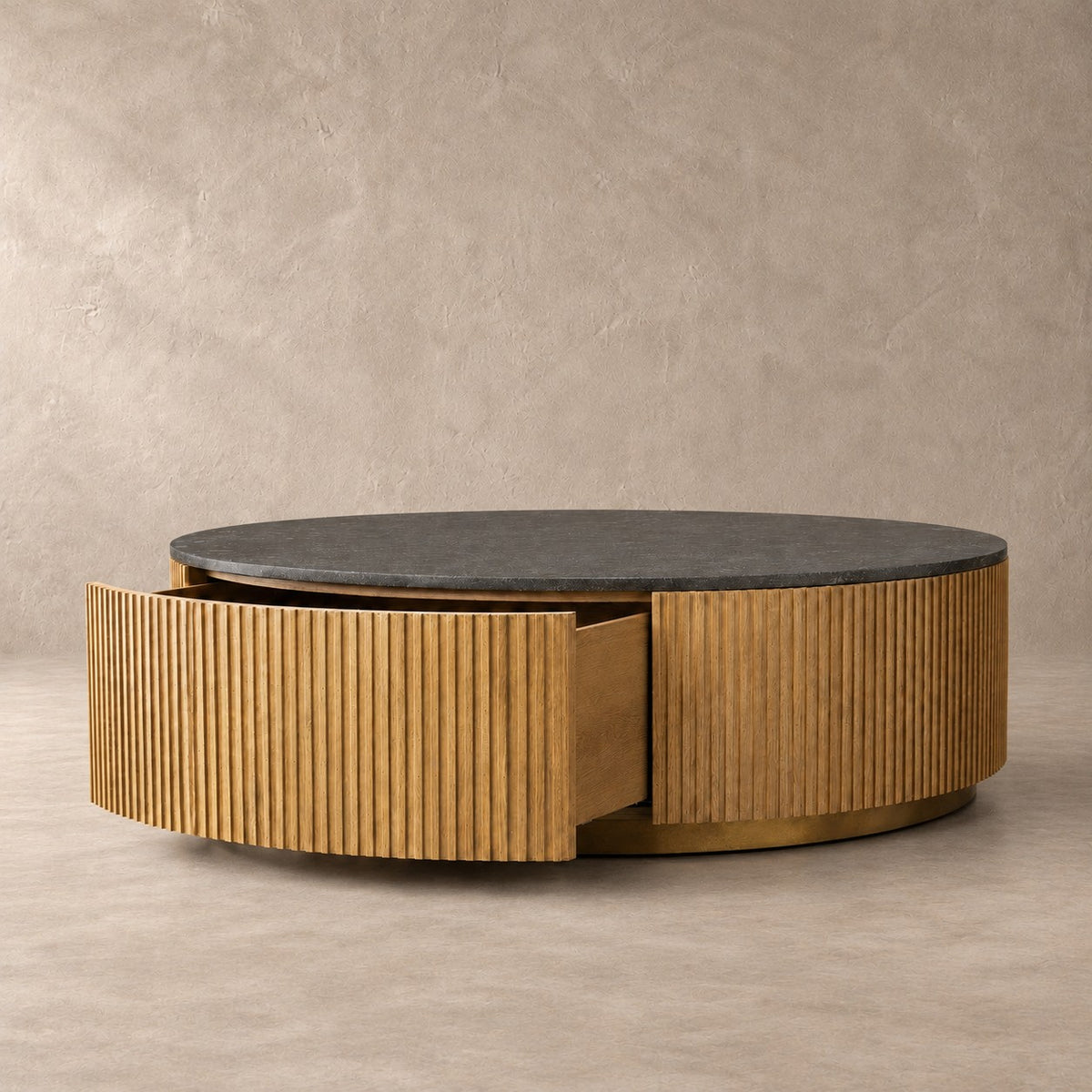 Reeded Oak Round Storage Coffee Table