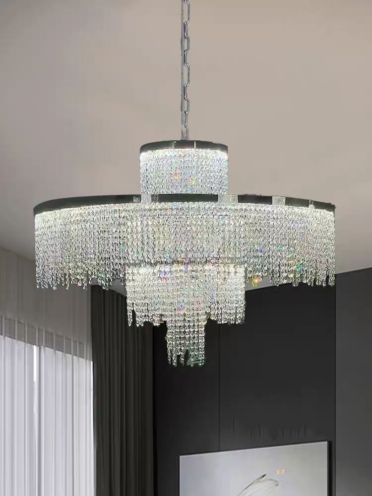 Crystal Chandelier Silver Finish Ceiling Mount Light Fixture for Living Room Dining Room