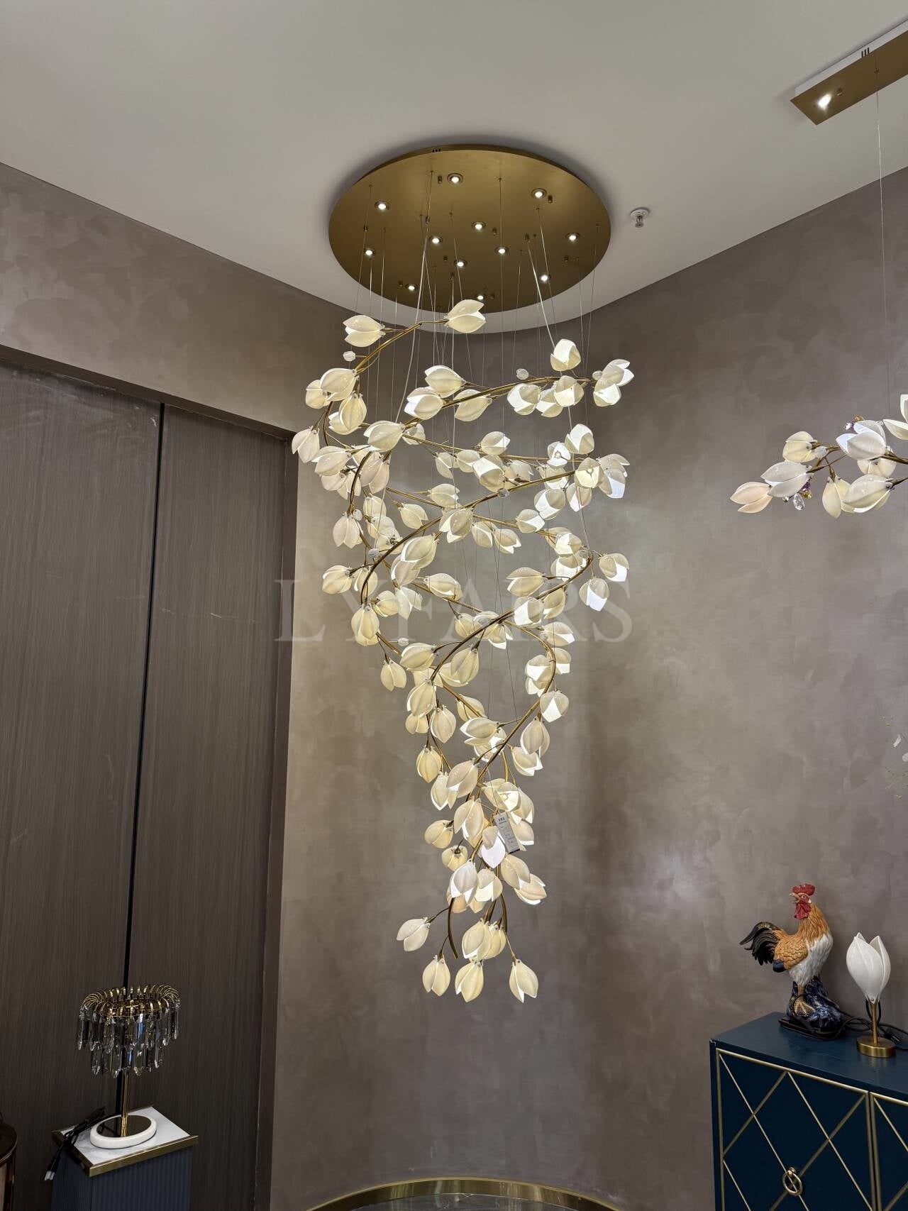 Pure White Magnolia Chandelier with Golden Branches for Grand Spaces