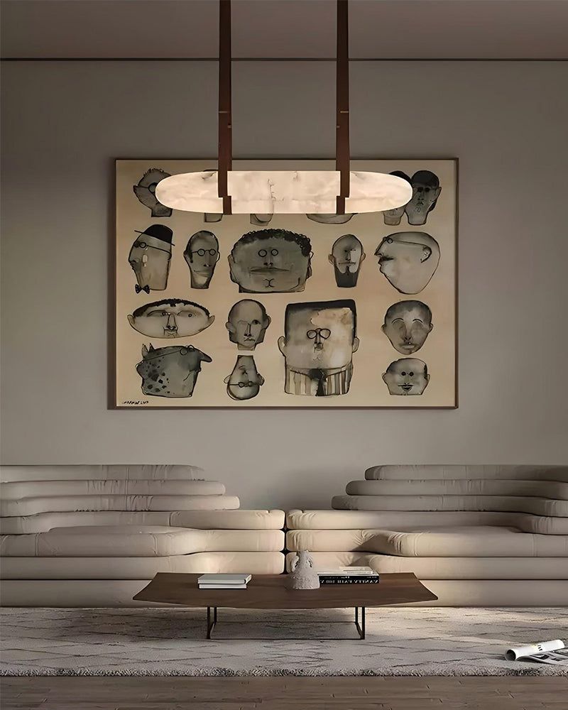Oval Alabaster LED Large Pendant lamp with adjustable leather, Dia 16/24"