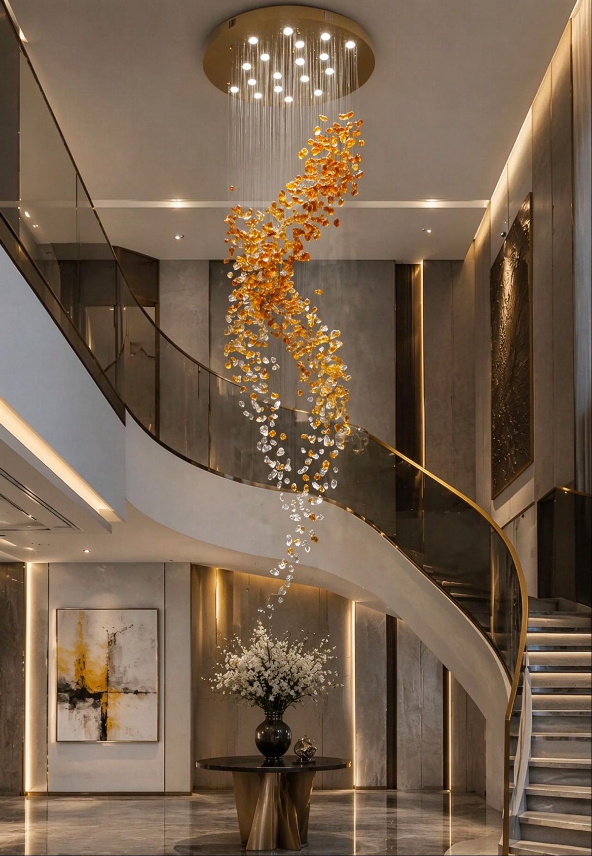Modern Cascading Spiral Orange Glazed Glass Stone Chandelier for High Ceiling