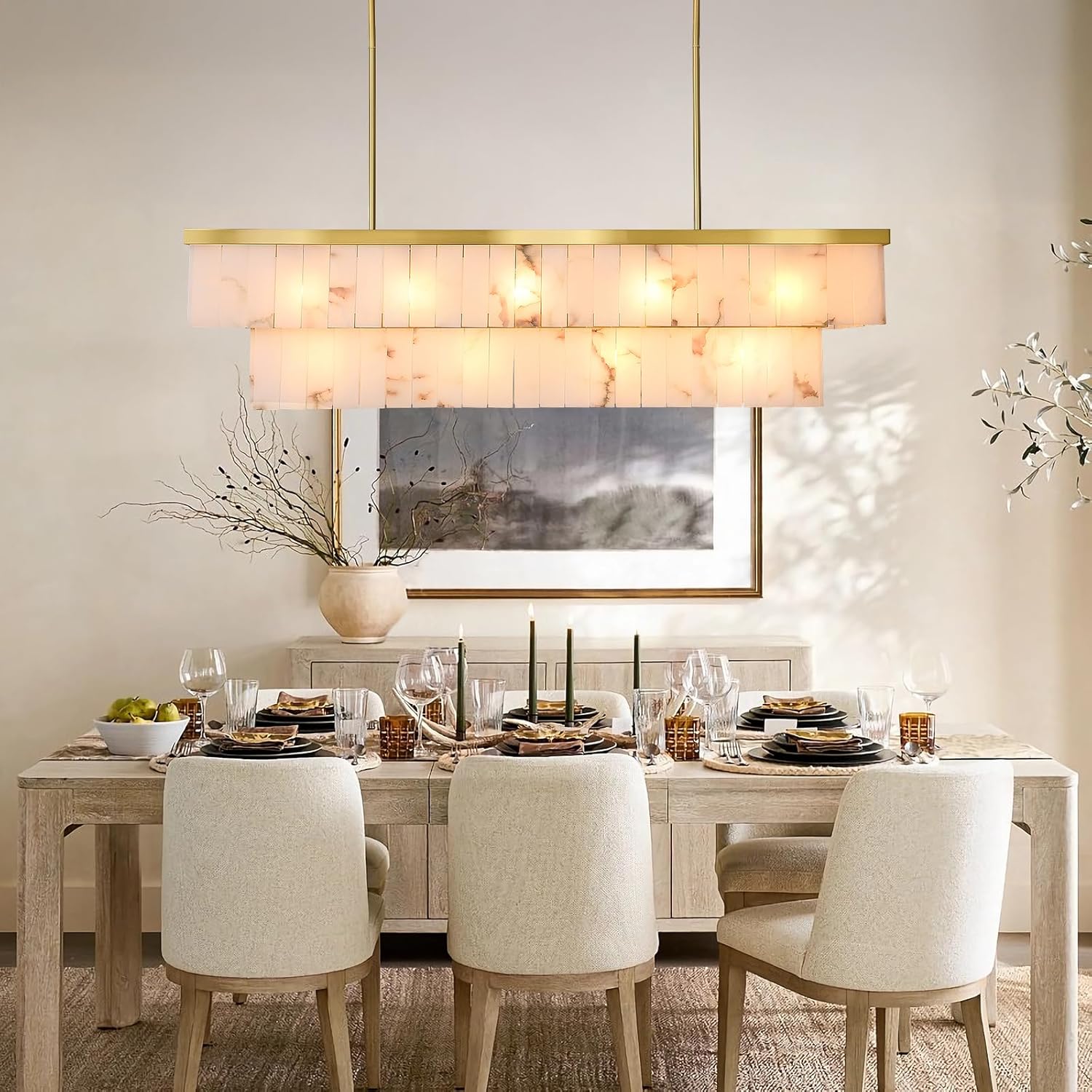 2-Tier Rectangle Alabaster Chandelier 54"L