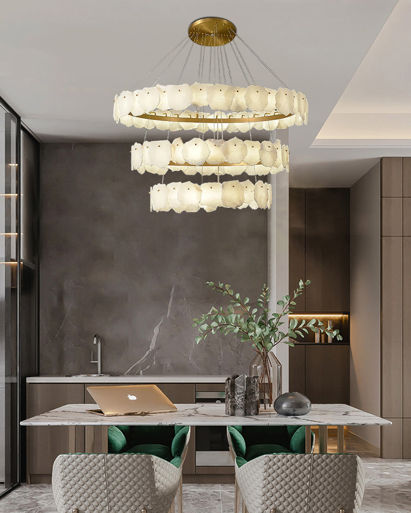 3-Tier Stairwell Alabaster Disk Chandelier with Long Cord