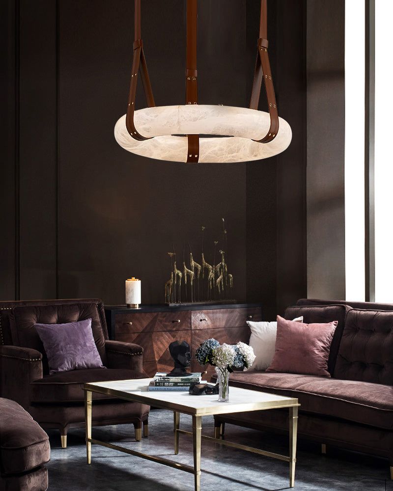 Oval Alabaster LED Large Pendant lamp with adjustable leather, Dia 16/24"
