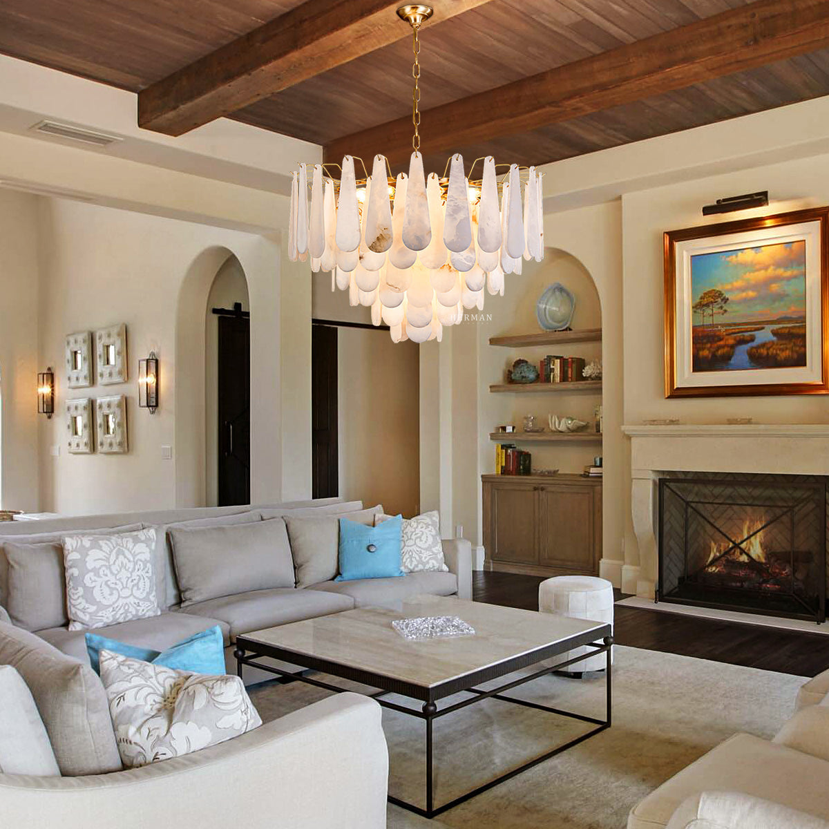 Alabaster Feathery Chandelier 21.7"D 31.5"D