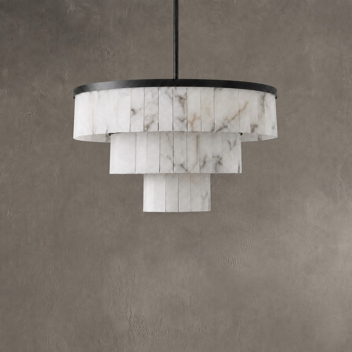 34.3" 3-Tier Alabaster Round Chandelier - Black