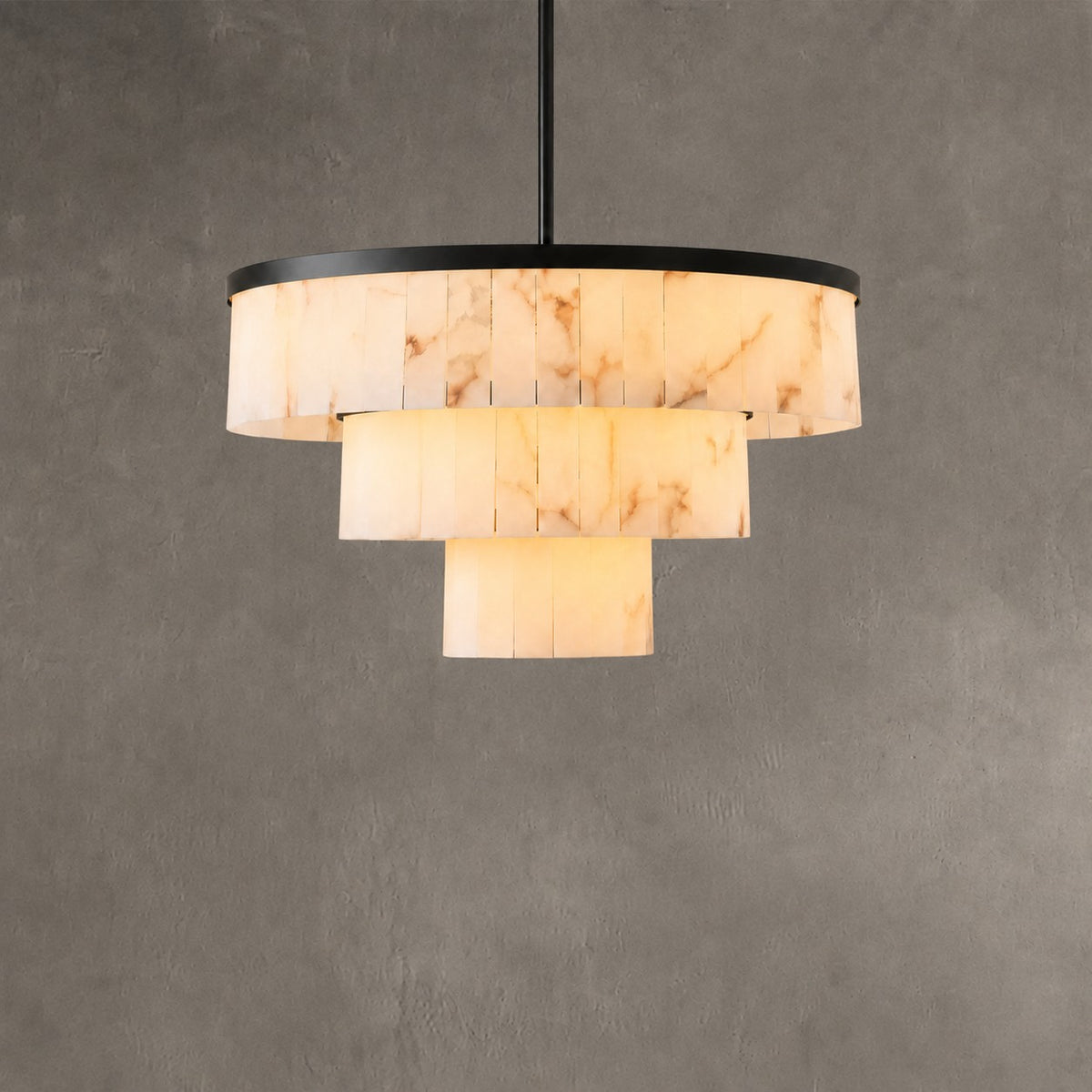 34.3" 3-Tier Alabaster Round Chandelier - Black