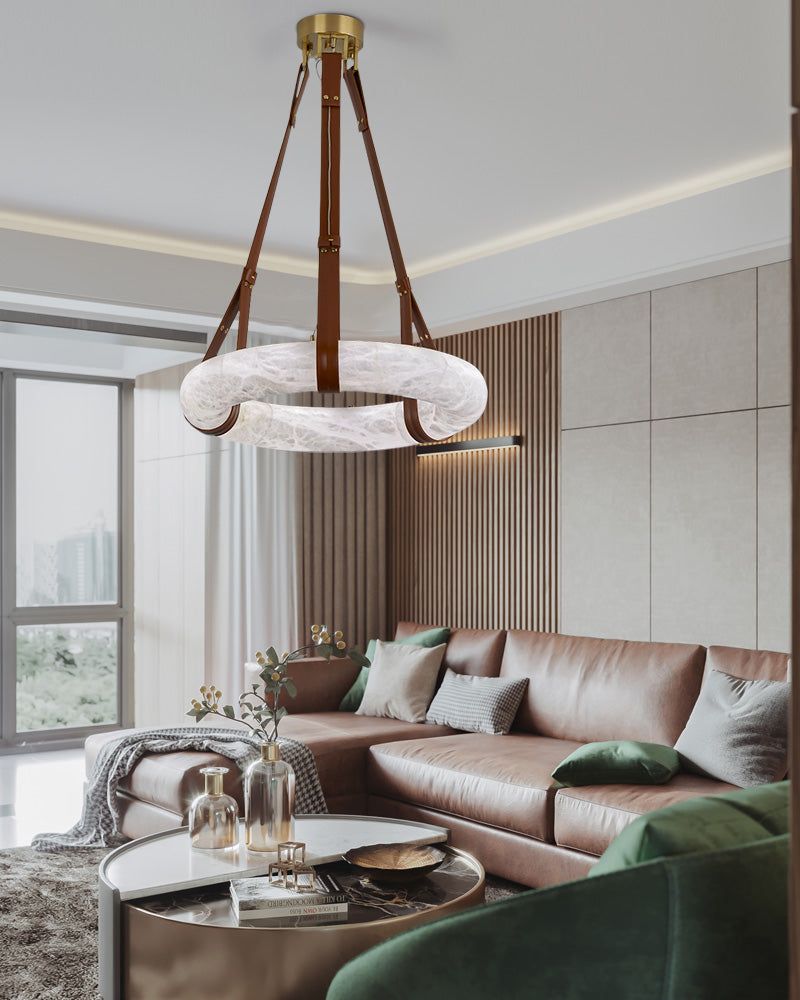 Oval Alabaster LED Large Pendant lamp with adjustable leather, Dia 16/24"