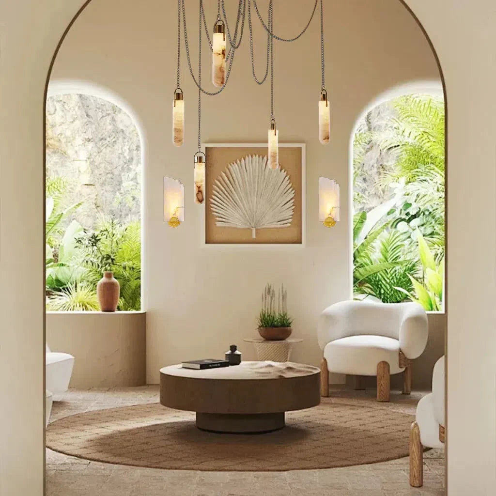 Alabaster Flint 5-Light LED Multi-Drop Pendant with Vintage Brass Finish