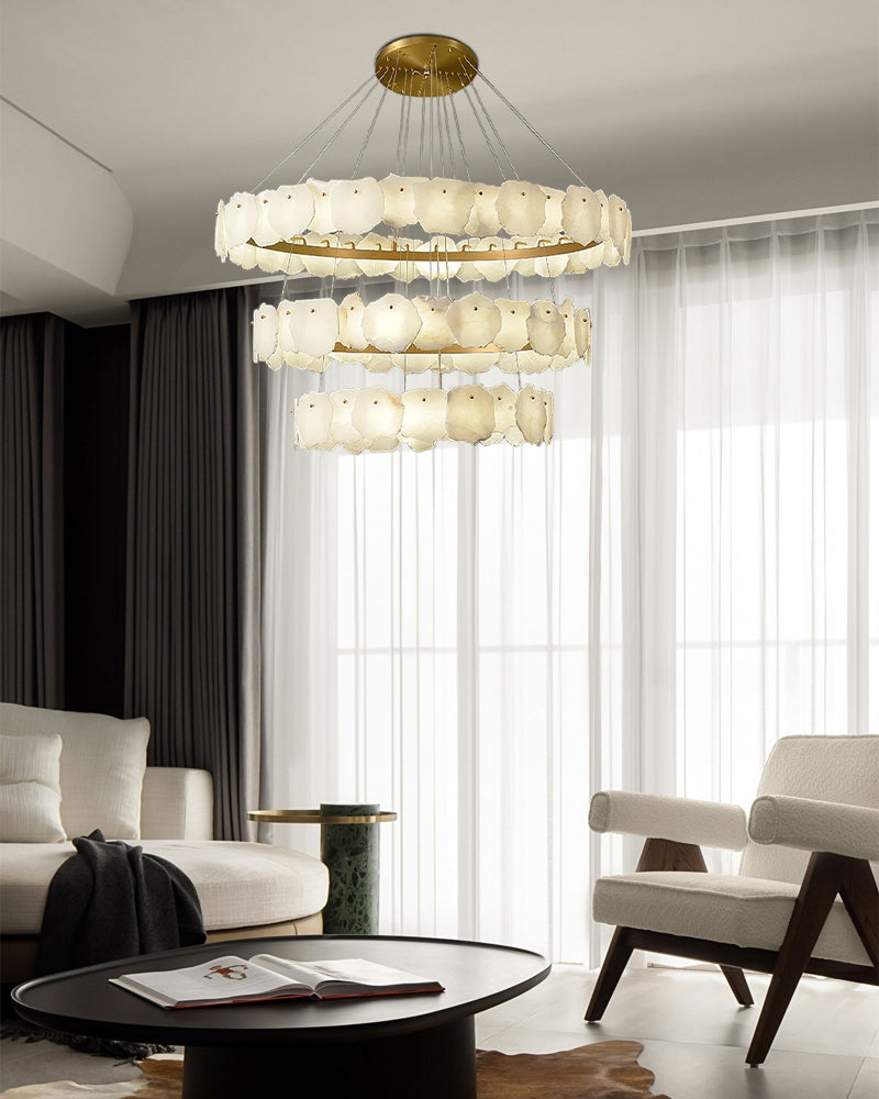 3-Tier Stairwell Alabaster Disk Chandelier with Long Cord