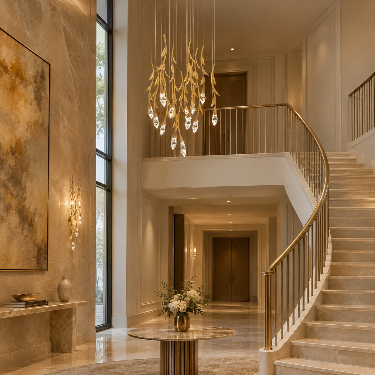 Modern Luxury Floating Branches Floral Crystal Chandelier with Square Canopy for High-ceiling