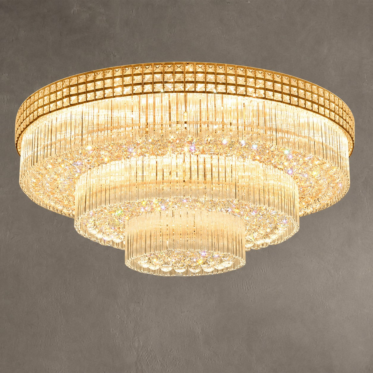 Extra Large Three Layers Round Luxury Flush Mounted Crystal Chandelier for Living Room