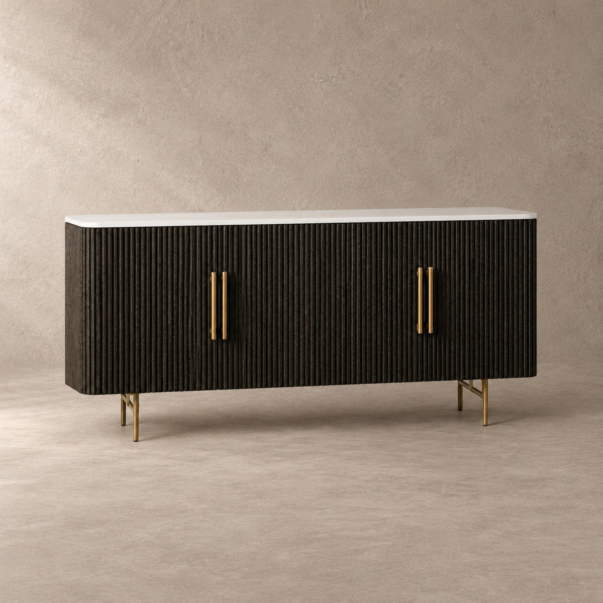Reeded Wood and Stone Top Credenza
