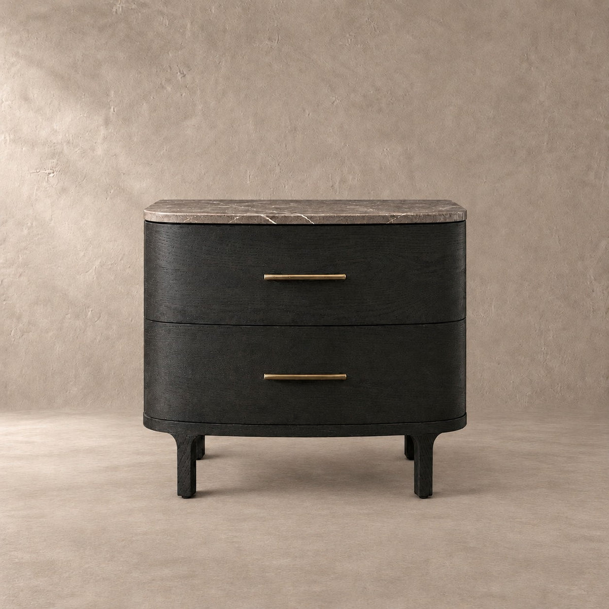 Two-Drawer Marble Top Bedside Table With Brass Pulls
