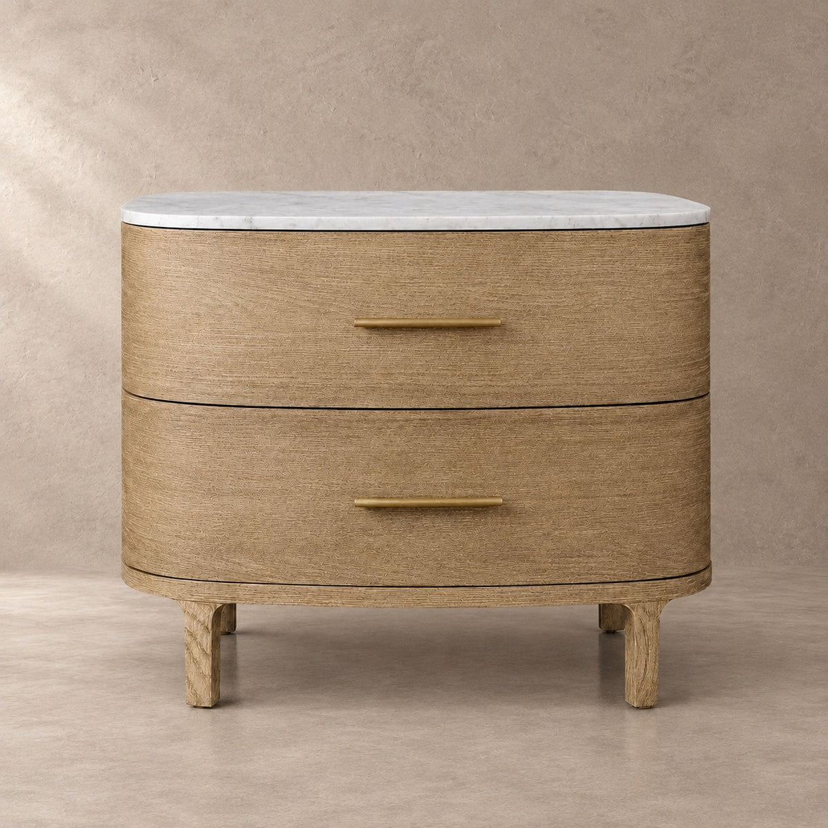 Two-Drawer Marble Top Bedside Table With Brass Pulls