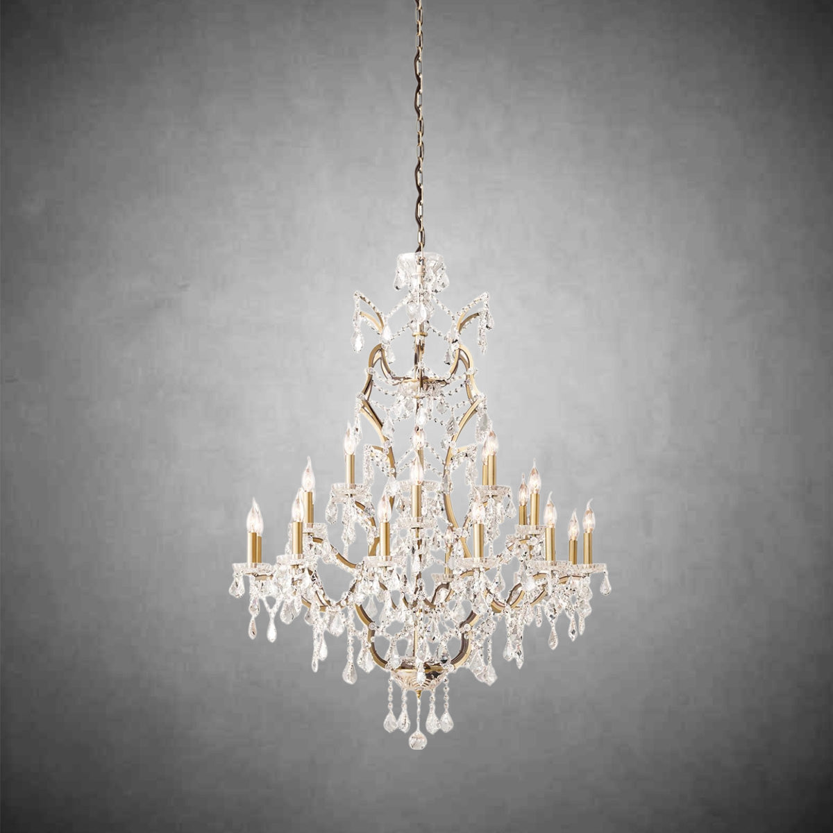 Rococo Iron & Crystal 40" Round Chandelier with Vintage Brass Finish