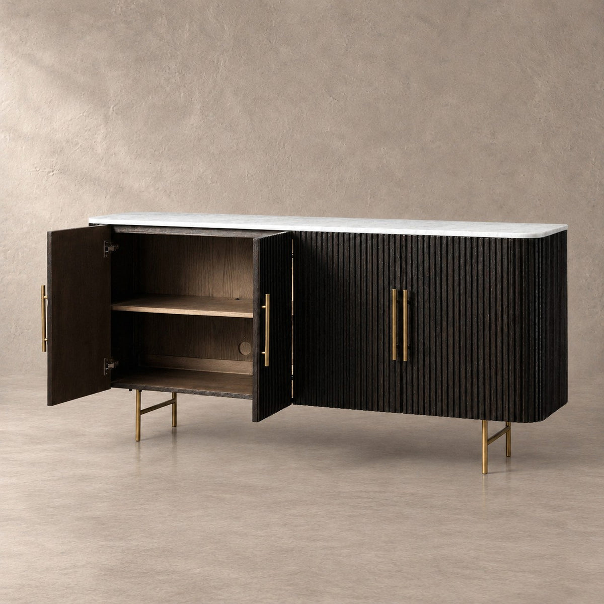 Reeded Wood and Stone Top Credenza