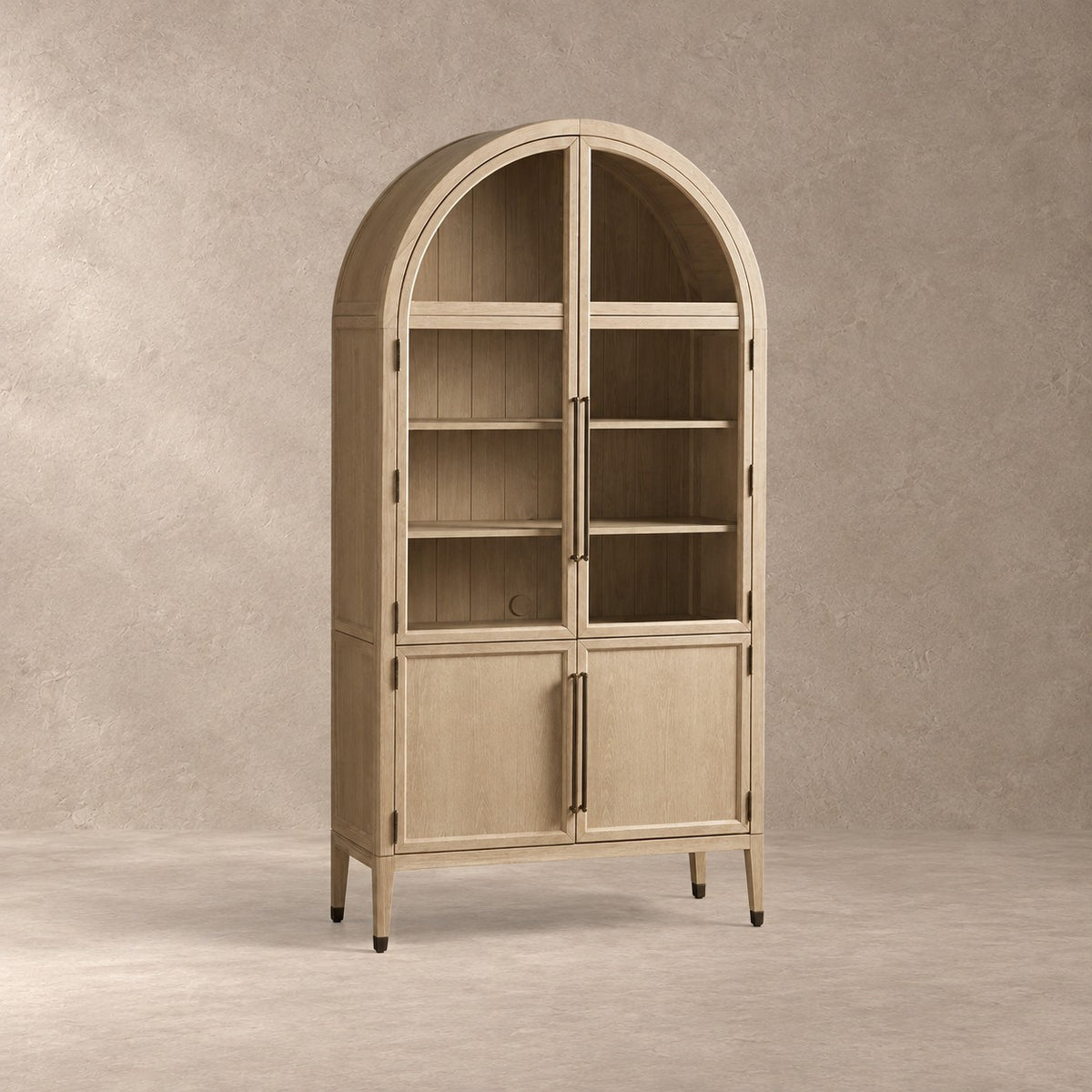 Tall Oak Display Cabinet with Glass Doors
