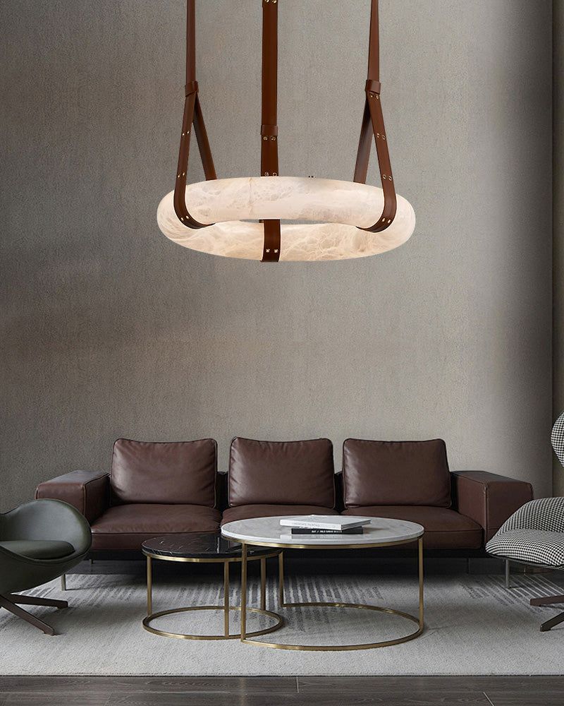 Oval Alabaster LED Large Pendant lamp with adjustable leather, Dia 16/24"