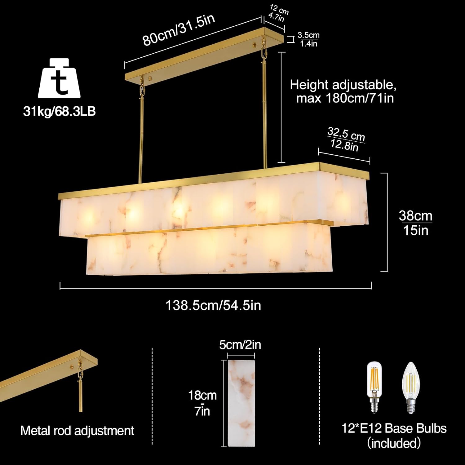 2-Tier Rectangle Alabaster Chandelier 54"L