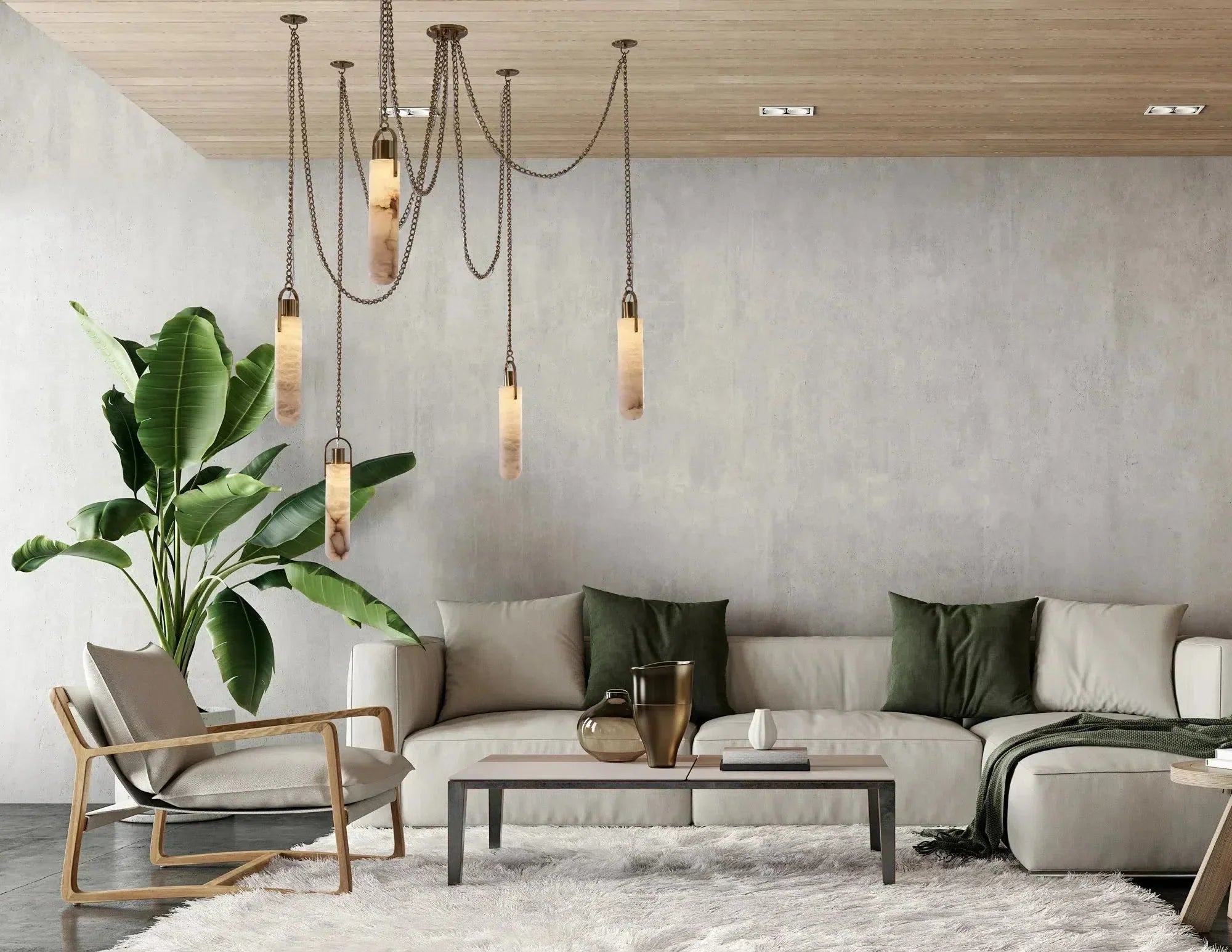 Alabaster Flint 5-Light LED Multi-Drop Pendant with Vintage Brass Finish