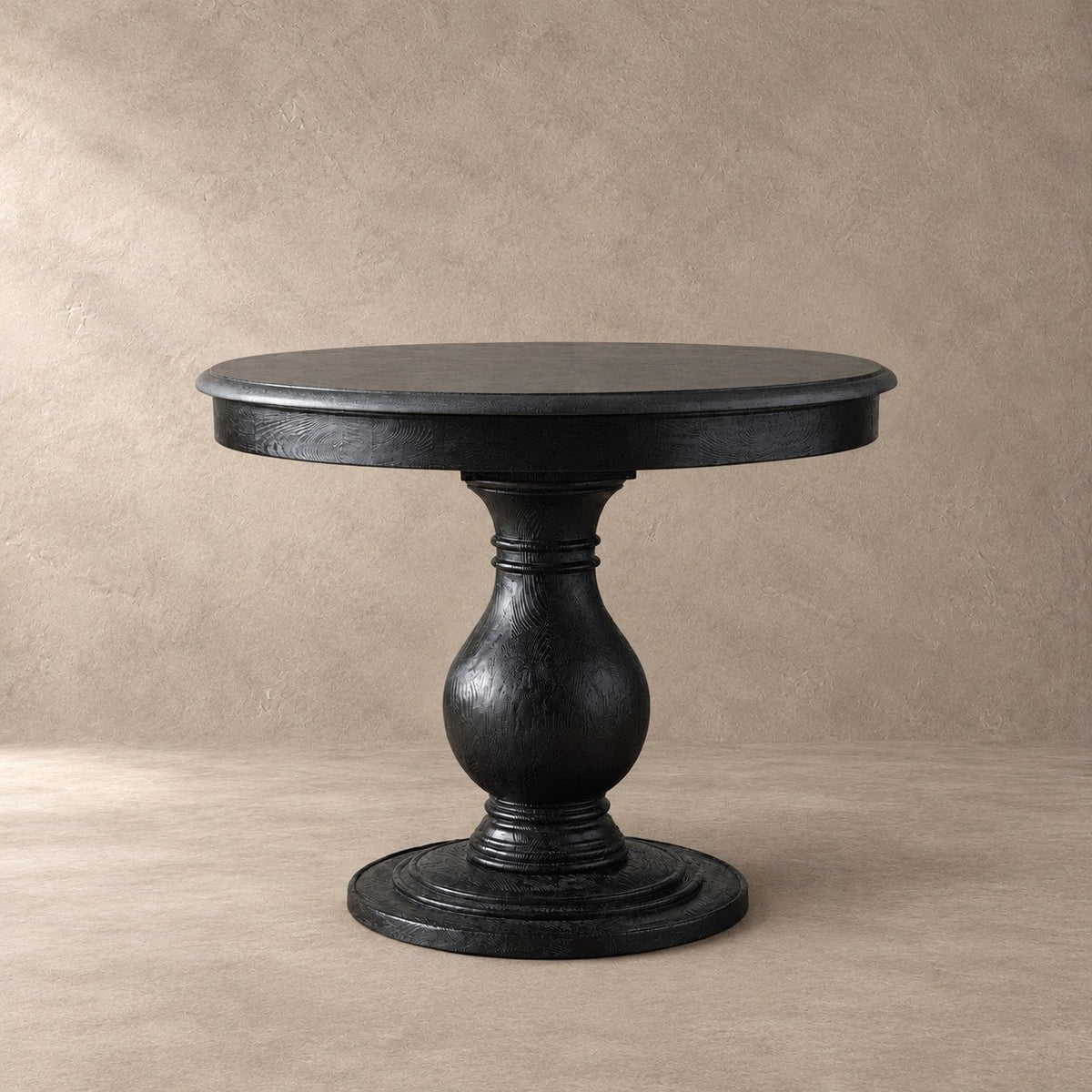 Sculpted Pine Base Round Marble Dining Table