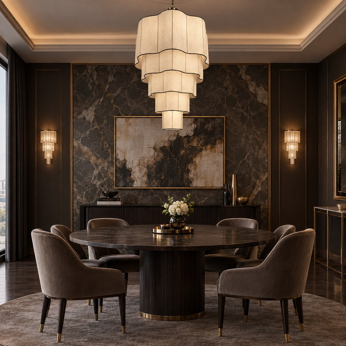 Modern Flush Mounted Tiered Wave-edge Fabric Chandelier