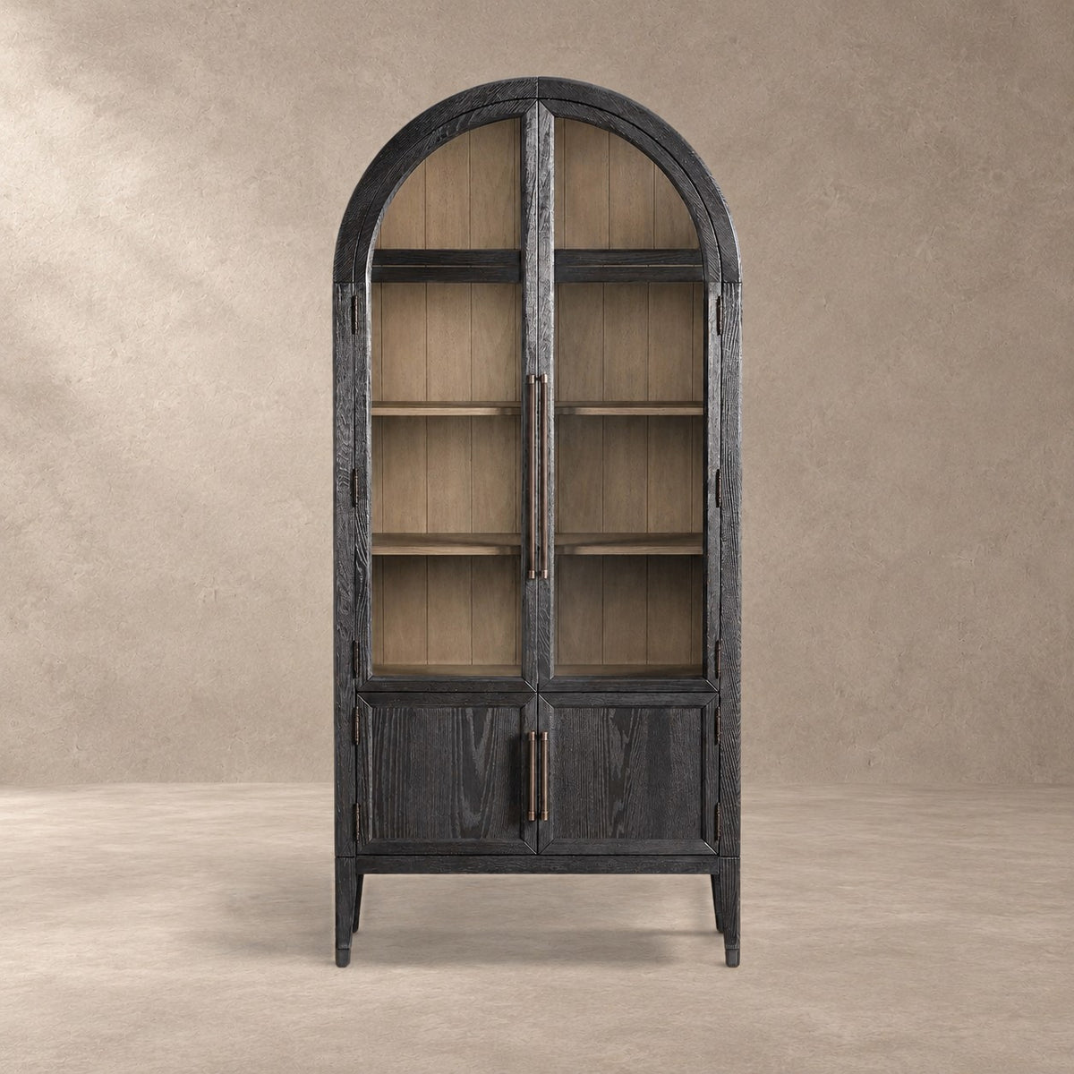 Tall Oak Display Cabinet with Glass Doors