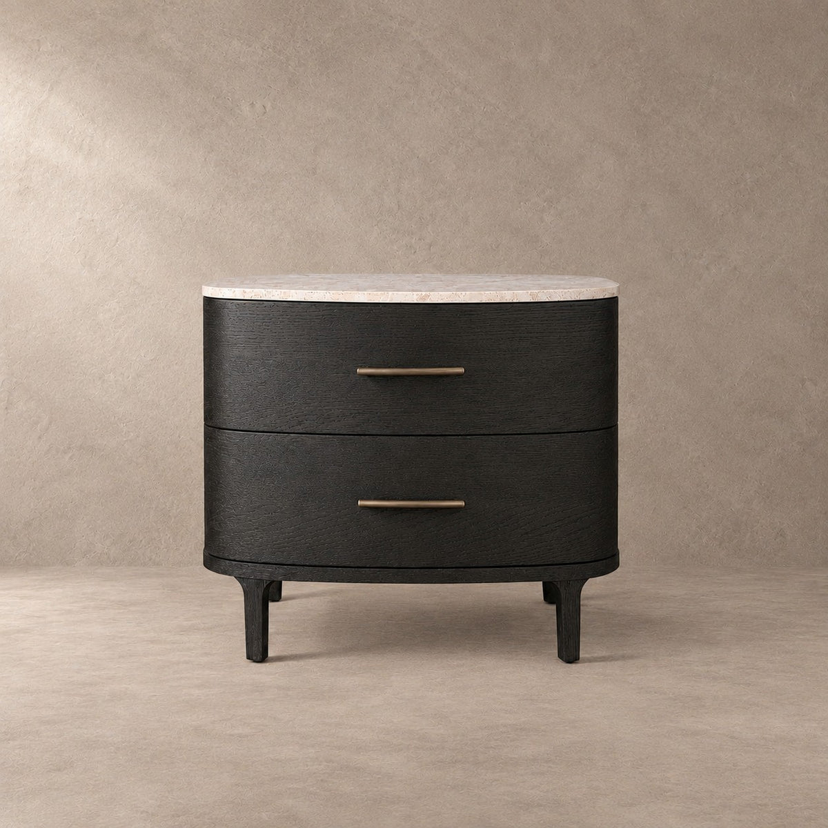 Two-Drawer Marble Top Bedside Table With Brass Pulls