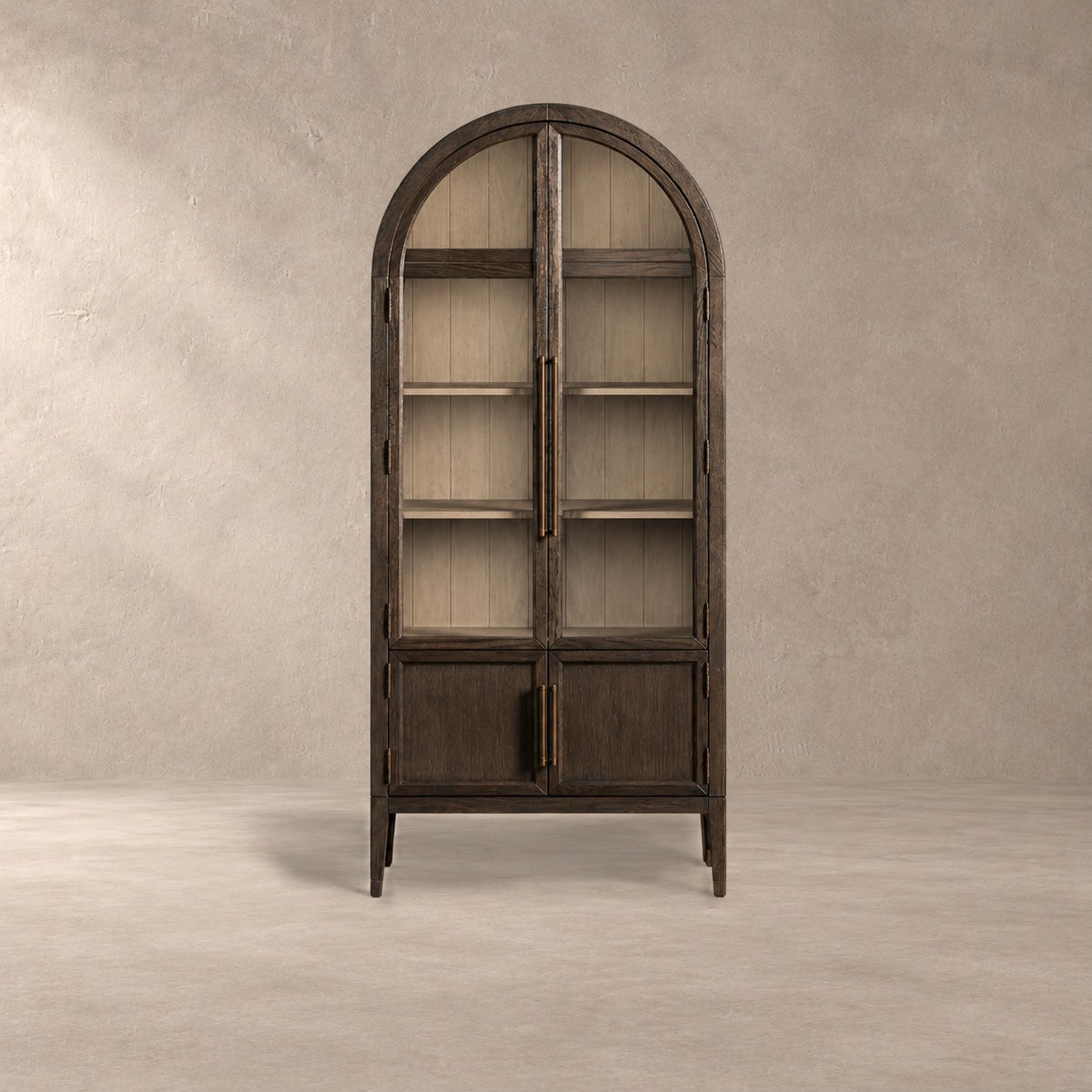 Tall Oak Display Cabinet with Glass Doors