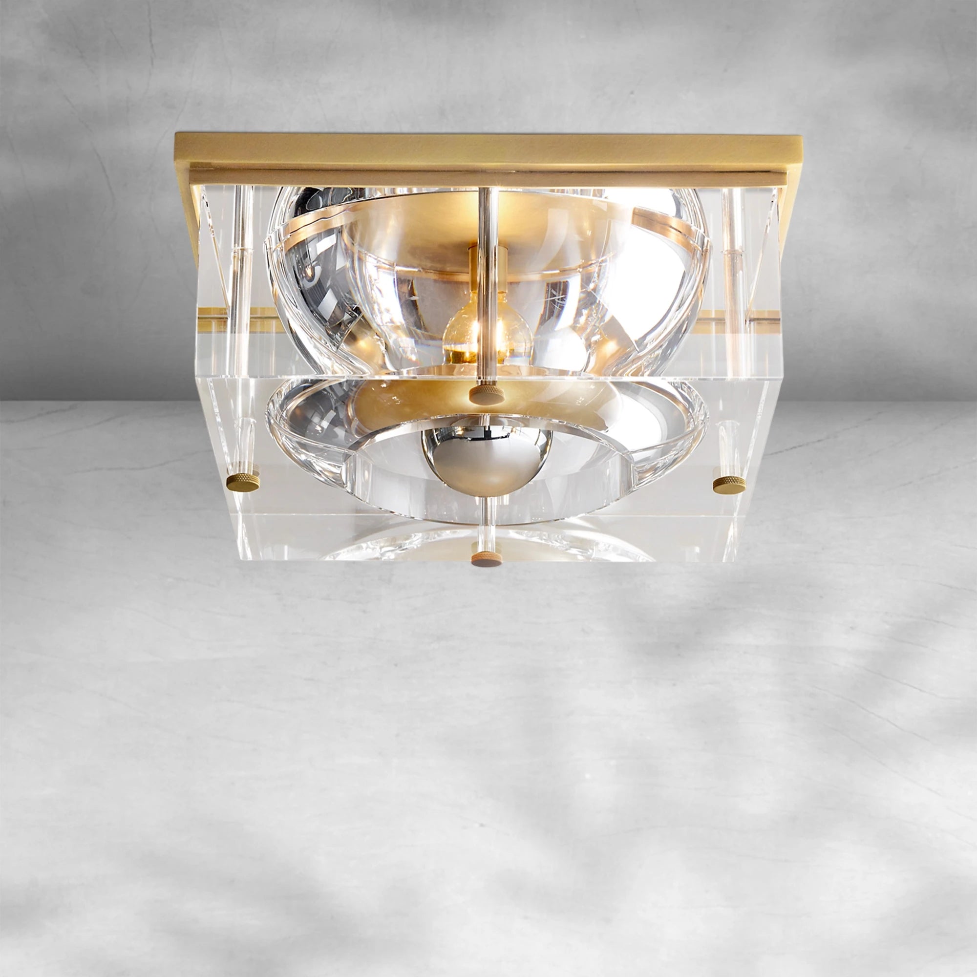 Exquisite Sable Square Crystal Flushmount Ceiling Light Brass & K9 Glass