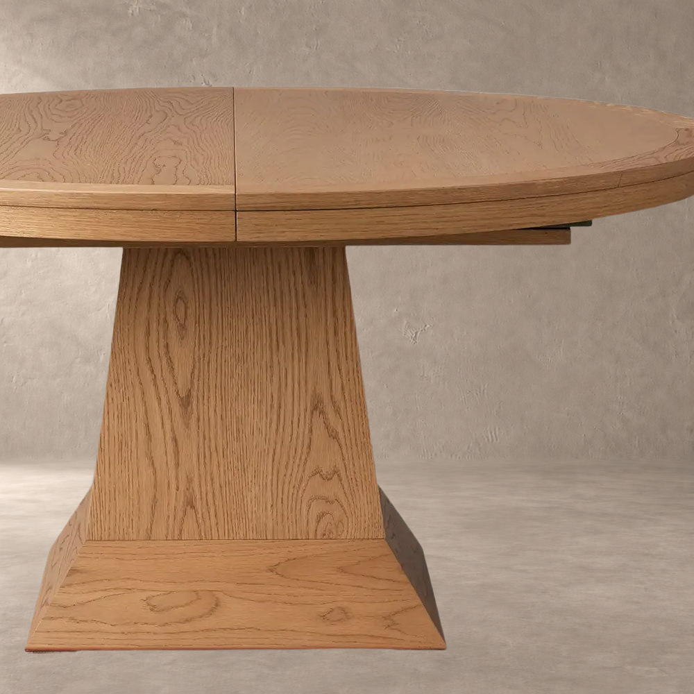 Expandable Round Oak Dining Table with Leaves