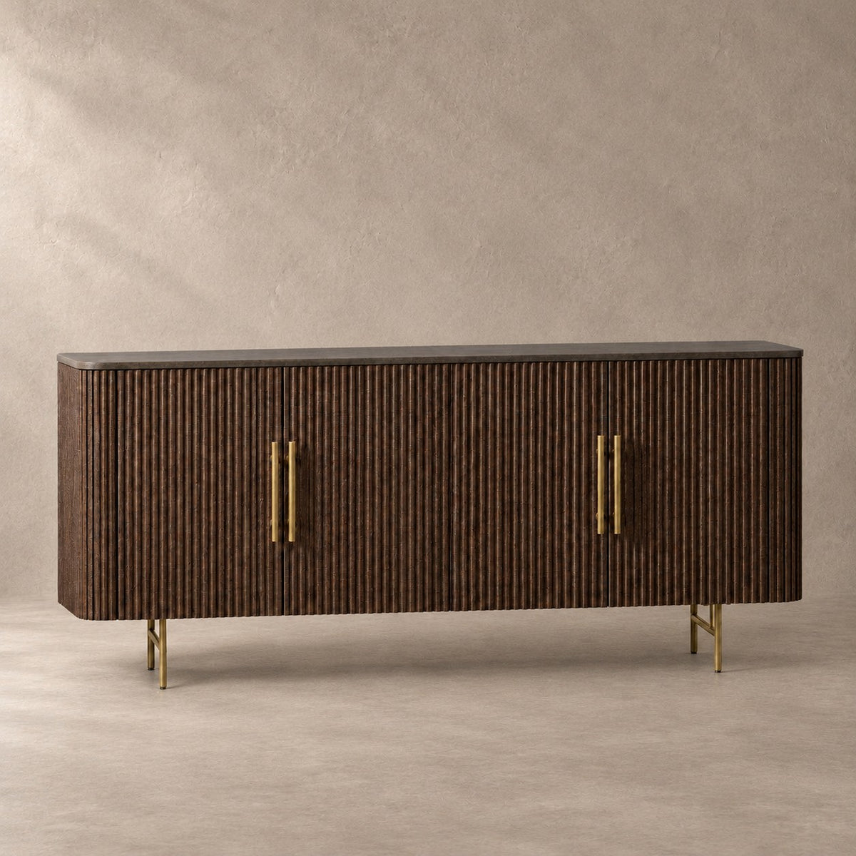Reeded Wood and Stone Top Credenza