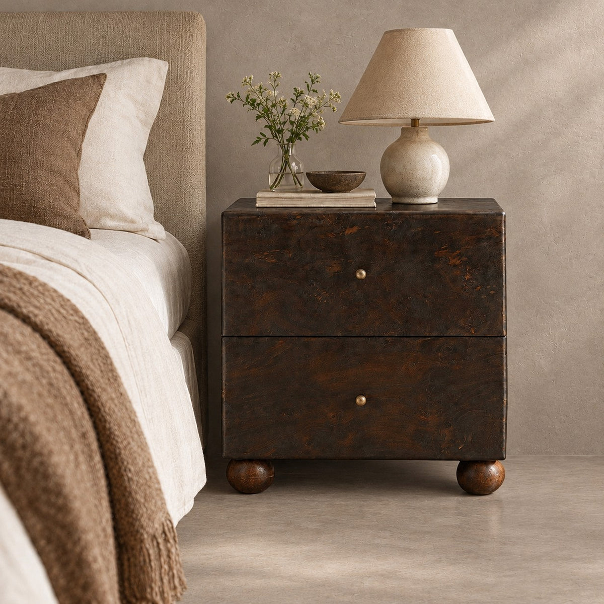 Burl Wood Bedside Table with Brass Accents