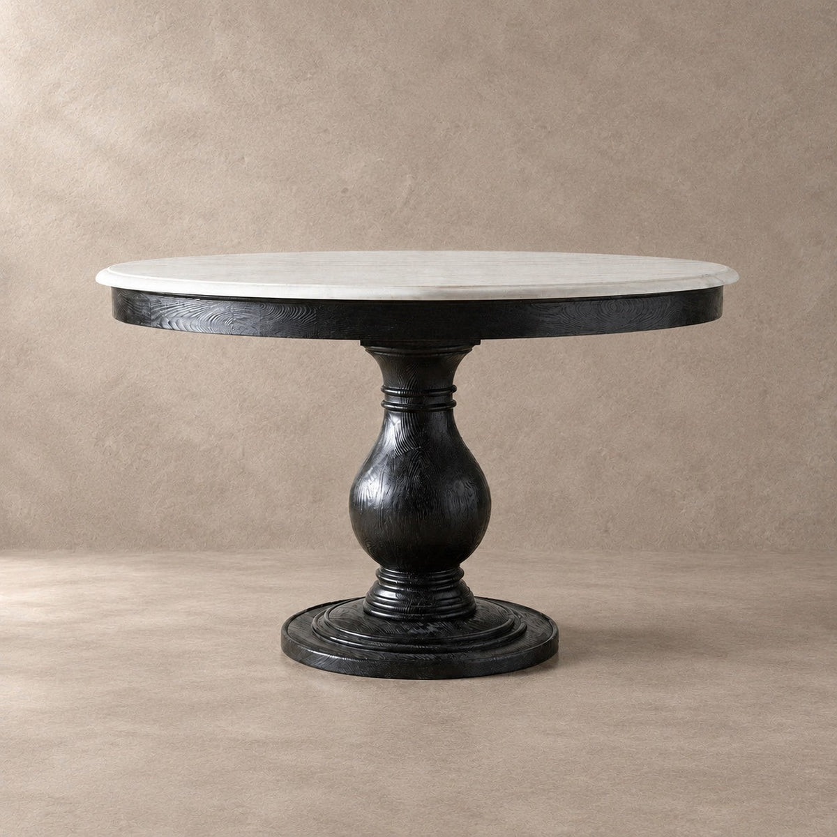 Sculpted Pine Base Round Marble Dining Table