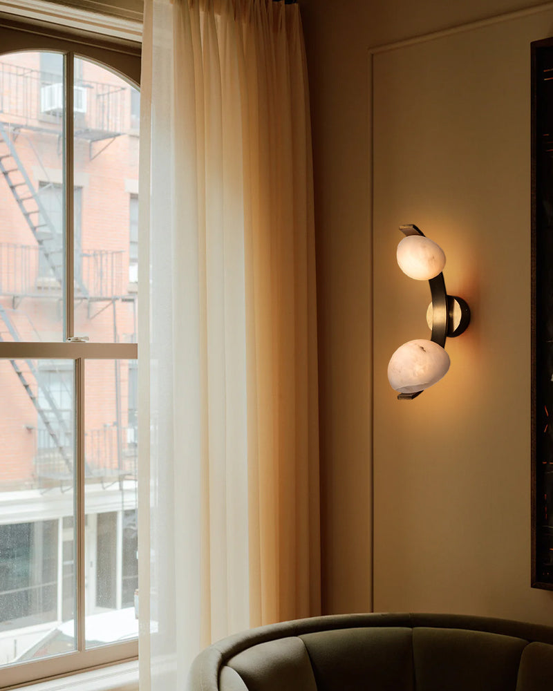 Antique Brass/Black Hardware Double Alabaster LED Wall Lamp