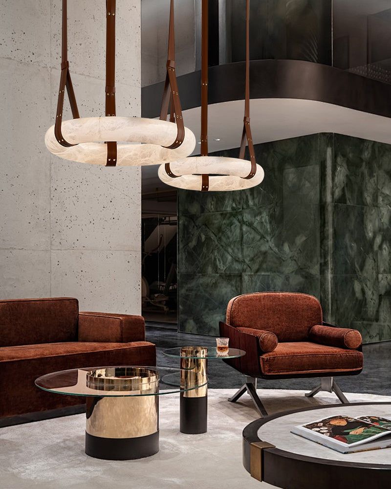Oval Alabaster LED Large Pendant lamp with adjustable leather, Dia 16/24"