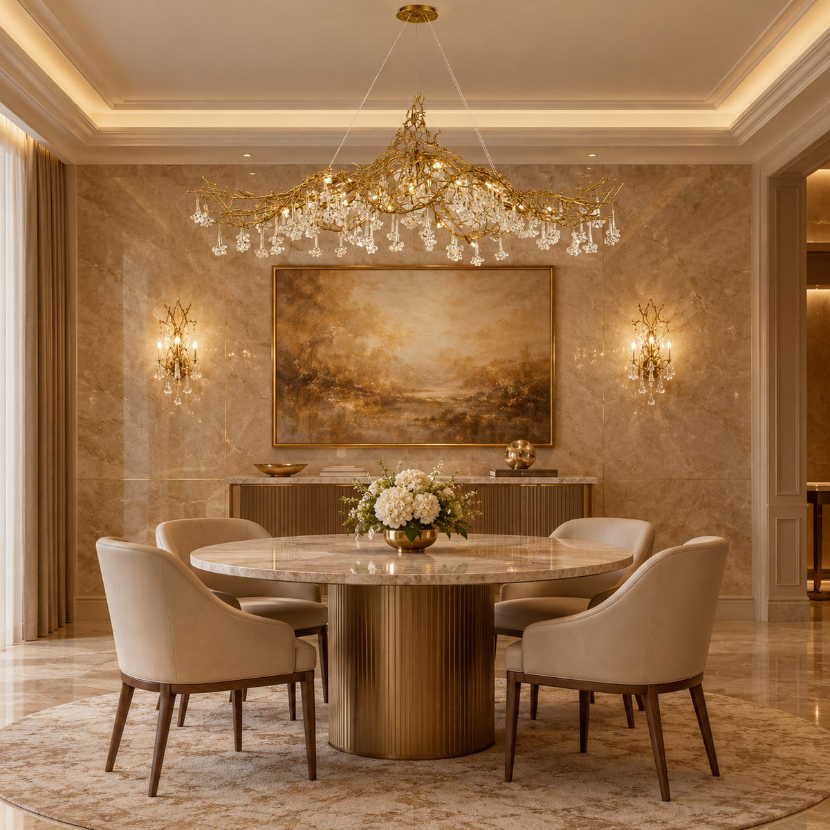 Nature-inspired Brass Tree Chandelier with Glazed Glass Flowers