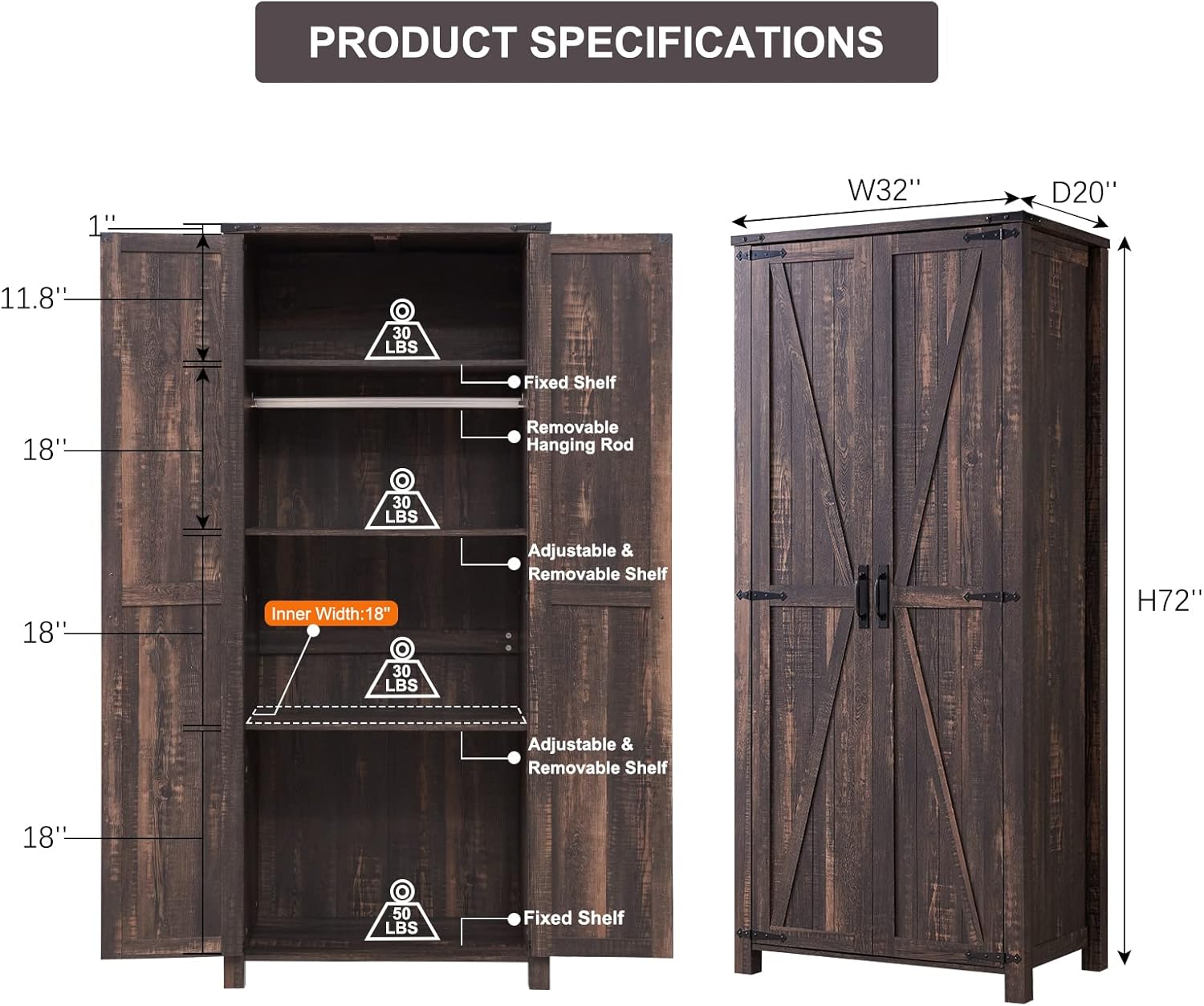 32" Farmhouse Armoire Adjustable Shelves Rustic Pantry with Barn Doors