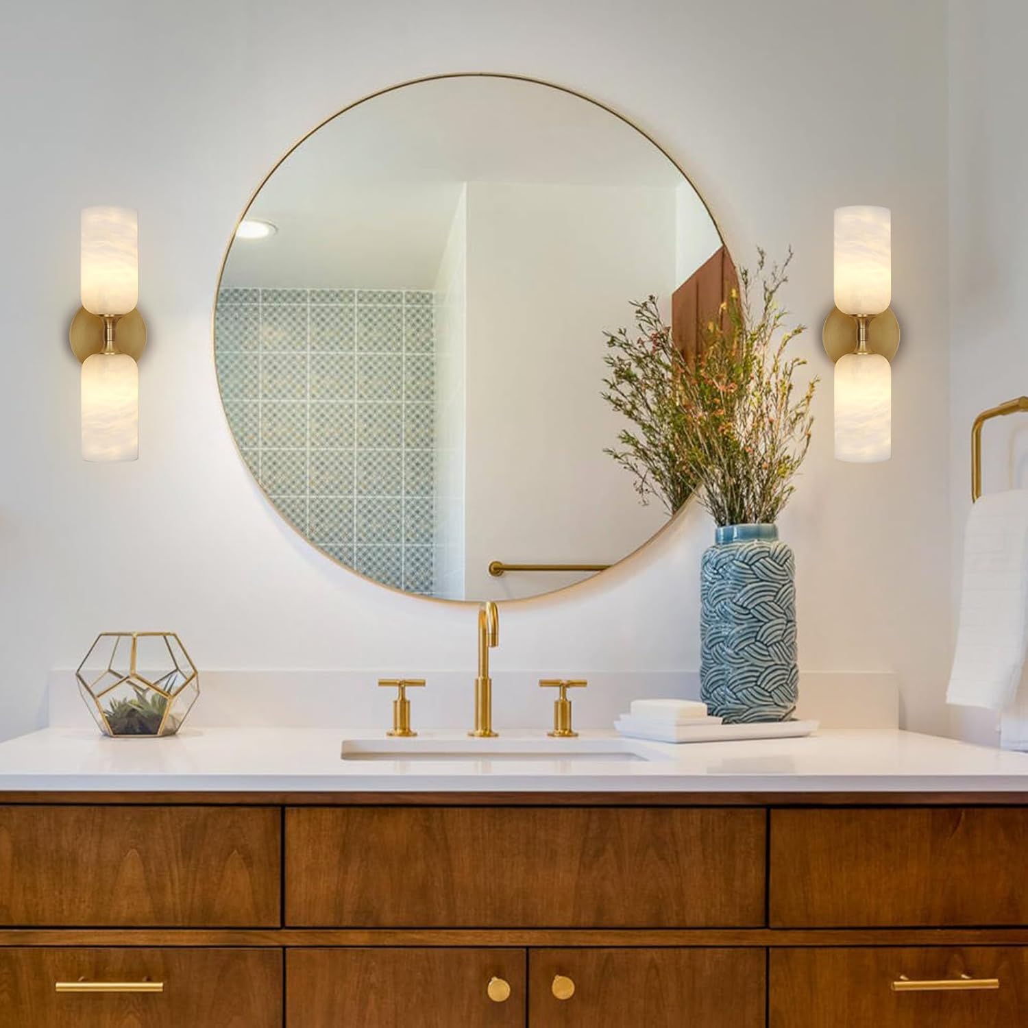 Elegant Alabaster Wall Sconce with Brass Finish 14in