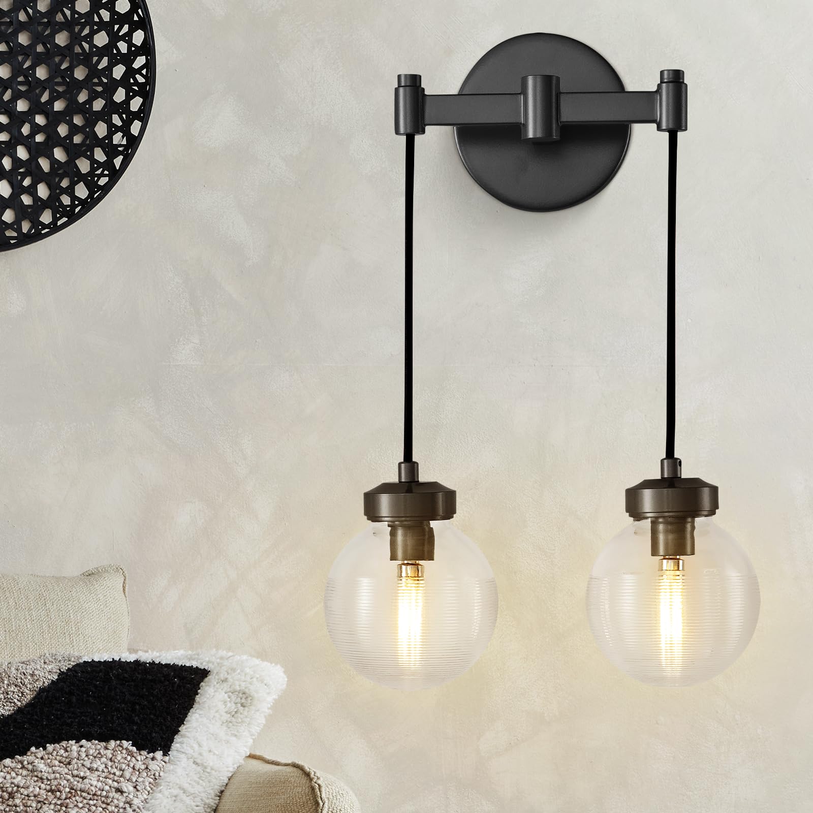 2-Light Black Globe Wall Sconces, Hanging Wall Mounted Lighting