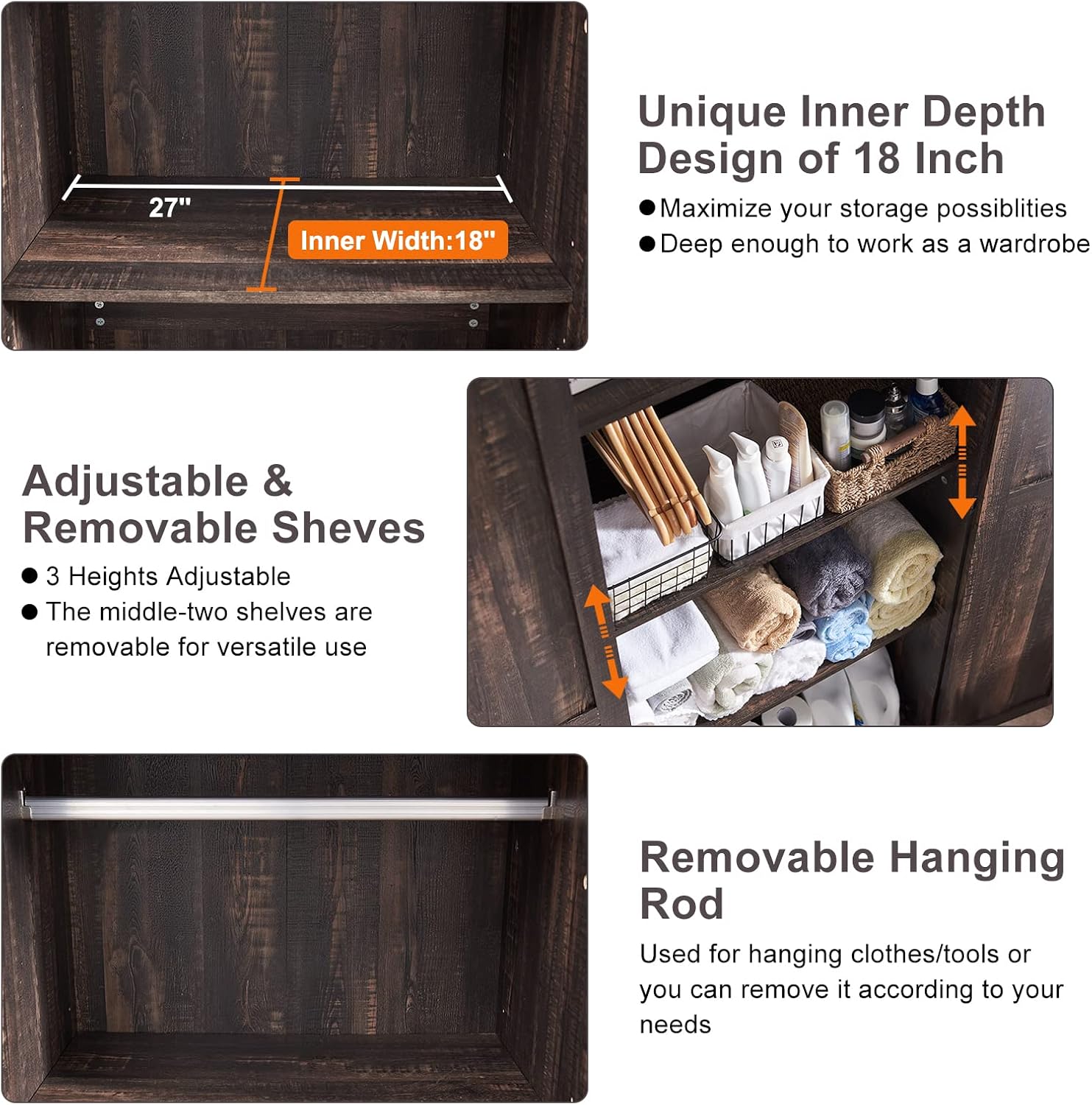32" Farmhouse Armoire Adjustable Shelves Rustic Pantry with Barn Doors