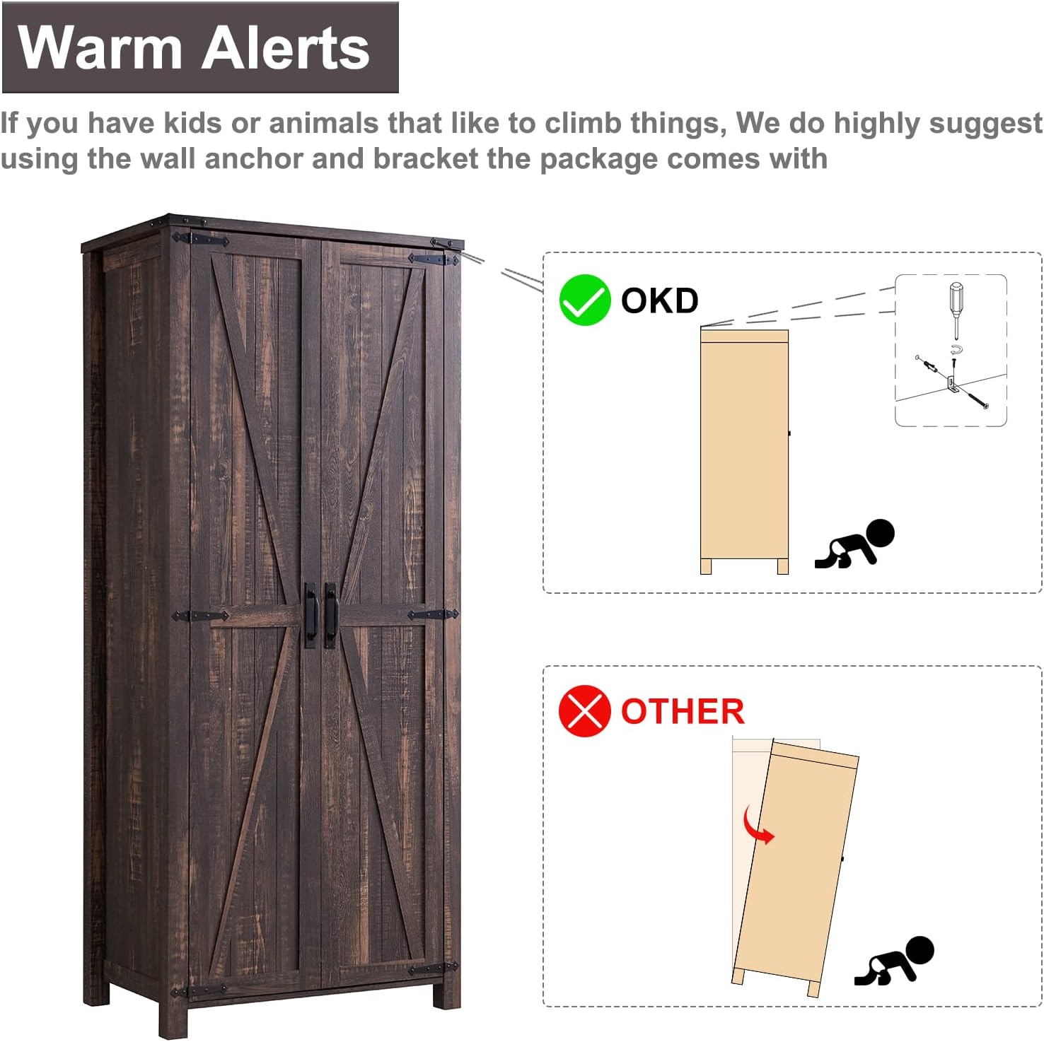 32" Farmhouse Armoire Adjustable Shelves Rustic Pantry with Barn Doors