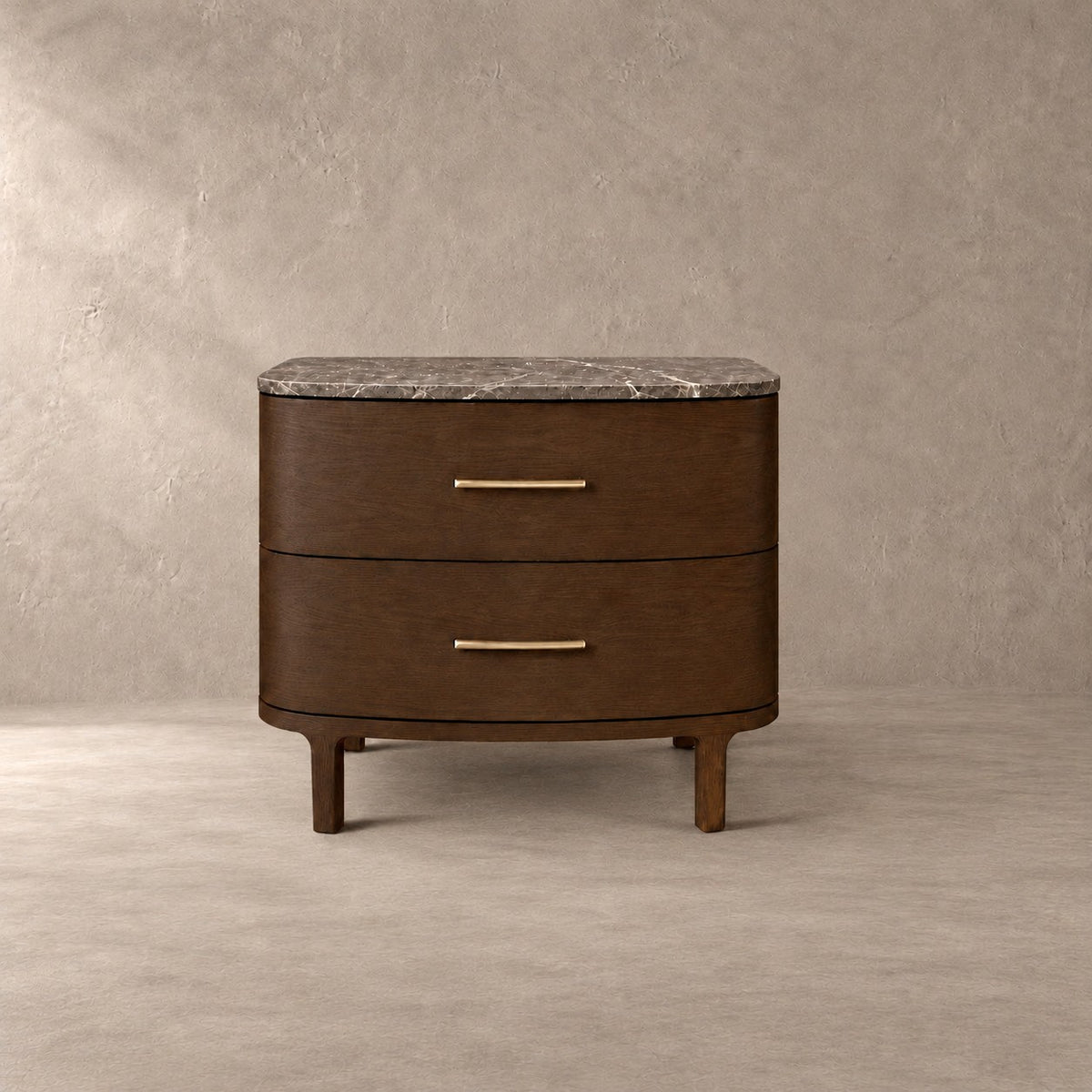 Two-Drawer Marble Top Bedside Table With Brass Pulls