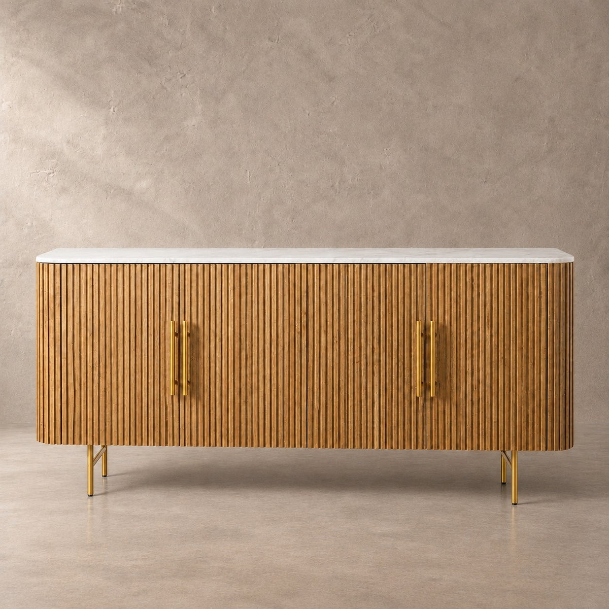 Reeded Wood and Stone Top Credenza