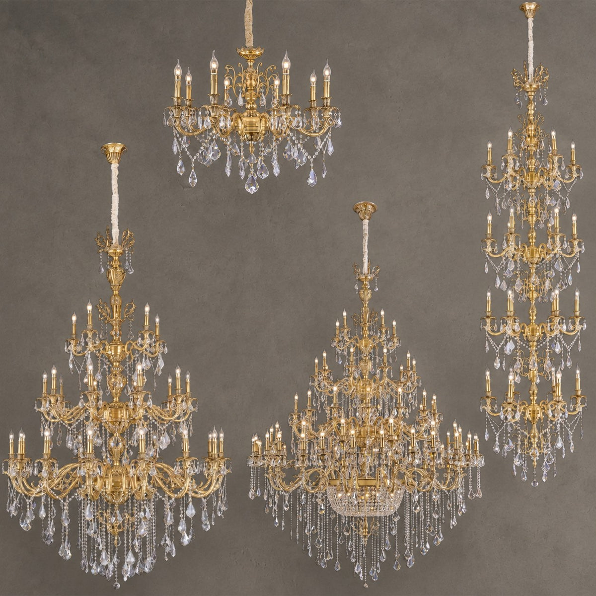 Baroque Revival Unique Patterned Antique Brass Chandelier Set