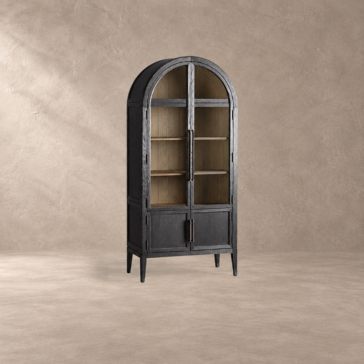 Tall Oak Display Cabinet with Glass Doors