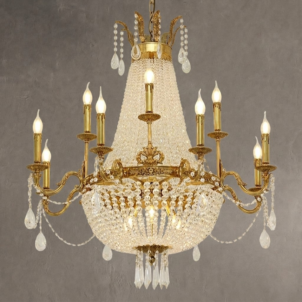 8/12/15 Lights Decorative Empire Brass Candles Crystal Chandelier Romantic Foyer Living Room Ceiling Light Fixture in Pure Copper Finish